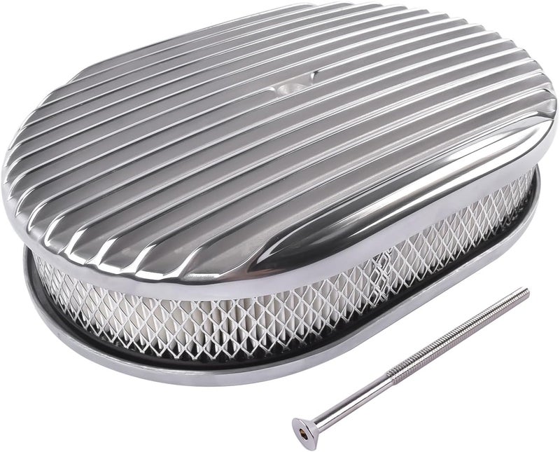TEKKOAUTO 12" Oval Full Finned Air Cleaner Polished Aluminum Replacement for 5-1/8” Carburetors - Image 2